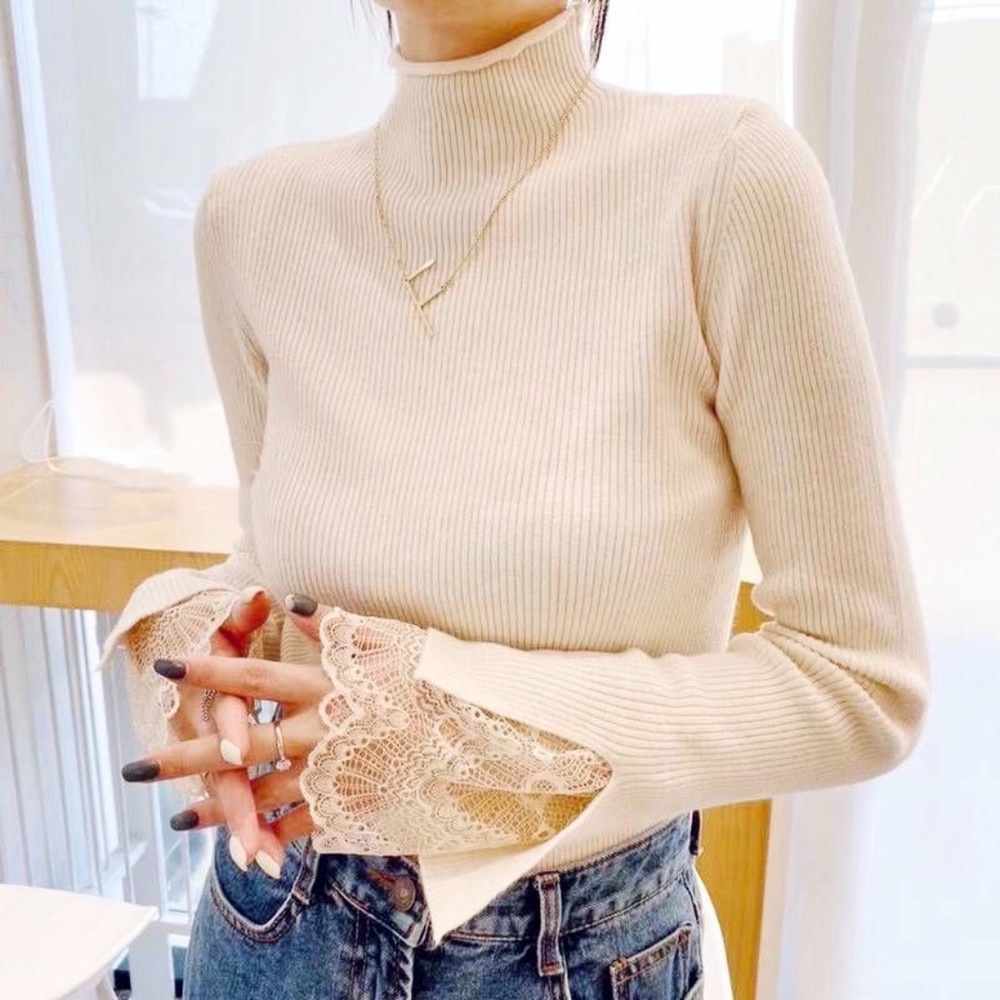 Brand-new ivory white turtle neck lace cuff knitted top shirt sweater